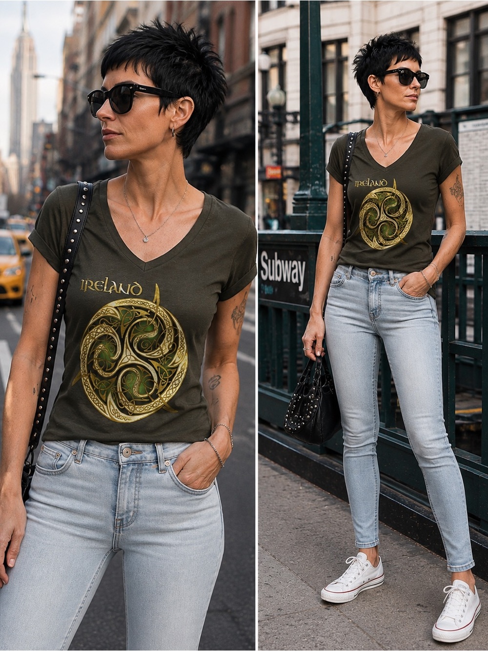Ireland Celtic Graphic V-Neck Tee in Olive Green